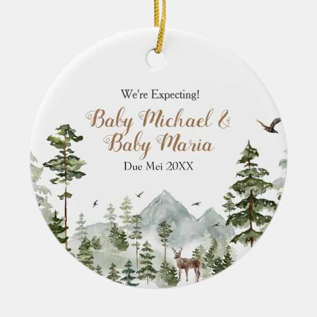 Twin We're Expecting Parents Winter Pine Tree Ceramic Tree Decoration (Front)