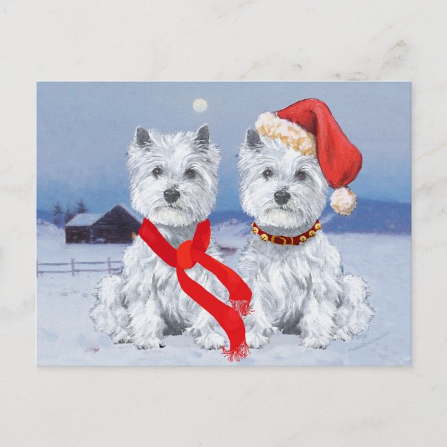 Twin Westies on a Wintry Evening Postcard (Front)