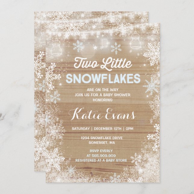 Twin Winter Baby Shower Invitation Rustic Blue (Front/Back)