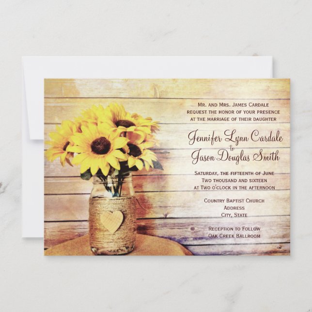 Twine Wrapped Mason Jar Sunflower Wedding Invites (Front)