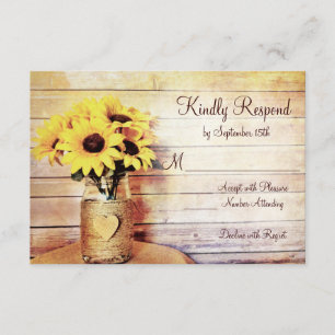Twine Wrapped Mason Jar Sunflower Wedding RSVP Card
