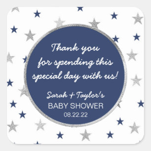 Twinkle Baby Shower favour, navy silver stars Square Sticker