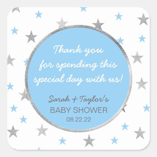 Twinkle Baby Shower favour sticker, blue silver Square Sticker (Front)