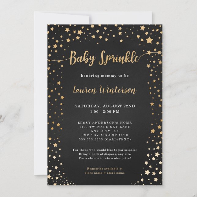 Twinkle Chalkboard Gold Star Baby Sprinkle Invitation (Front)