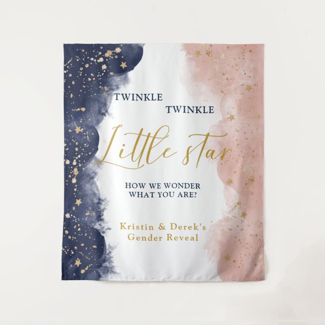 Twinkle Gender Reveal Backdrop, Navy & Pink Tapestry (Front)