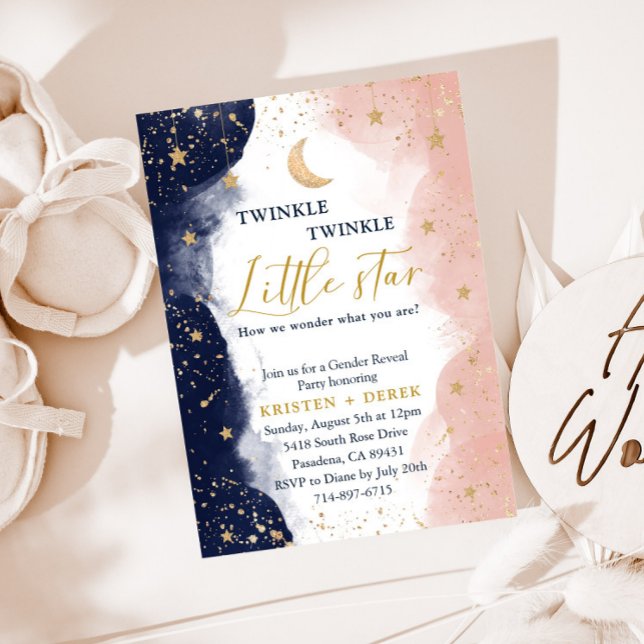 Twinkle Gender Reveal, Navy Blue And Blush Pink Invitation (Creator Uploaded)