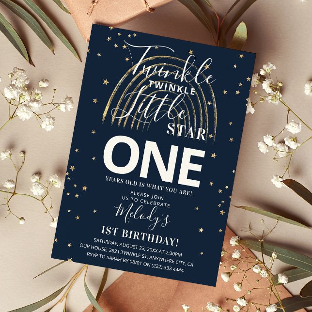 Twinkle Gold Star & Rainbow 1st Birthday Party Invitation (Creator Uploaded)