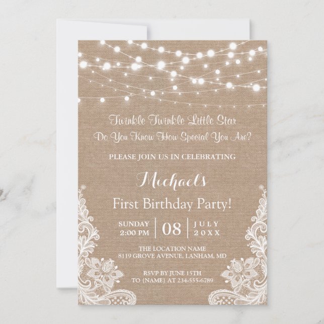 Twinkle Lights Burlap Lace First Birthday Party Invitation (Front)