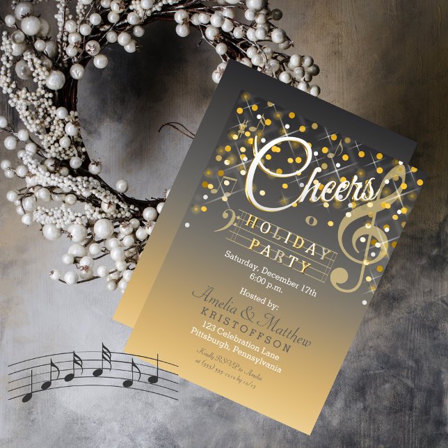 Twinkle Lights Music Theme Cheers Holiday Party Invitation (Cheers Christmas Holiday Party in Gray and Gold Tone)