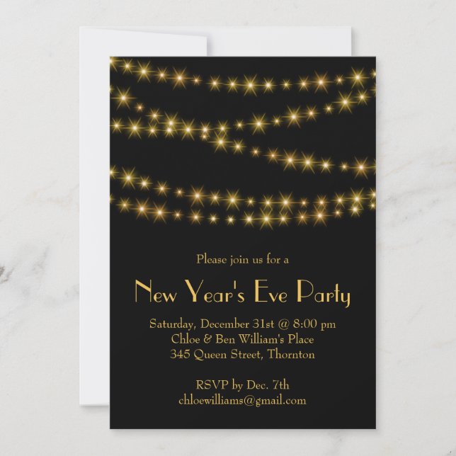 Twinkle Lights New Year's Eve Party in Gold Invitation (Front)