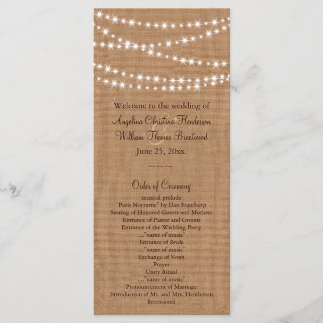 Twinkle Lights on Burlap Wedding Program Programme (Front)