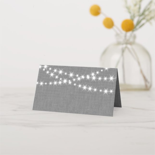 Twinkle Lights on Grey Burlap Folded Place Cards (Back)