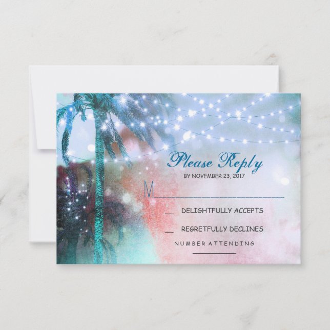 twinkle lights palms beach wedding RSVP card (Front)