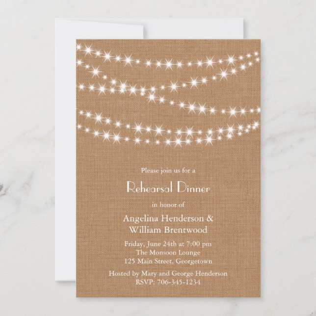 Twinkle Lights Rehearsal Dinner Invite on Burlap (Front)