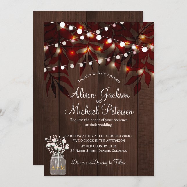 Twinkle lights rustic autumn leaves barn wedding invitation (Front/Back)