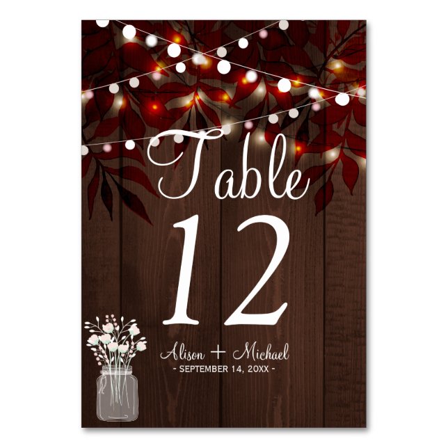 Twinkle lights rustic autumn mason jar wedding table number (Front)