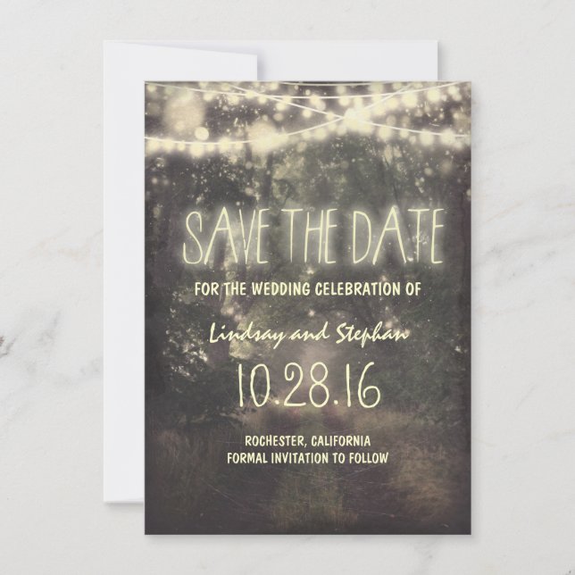 twinkle lights rustic save the date cards (Front)