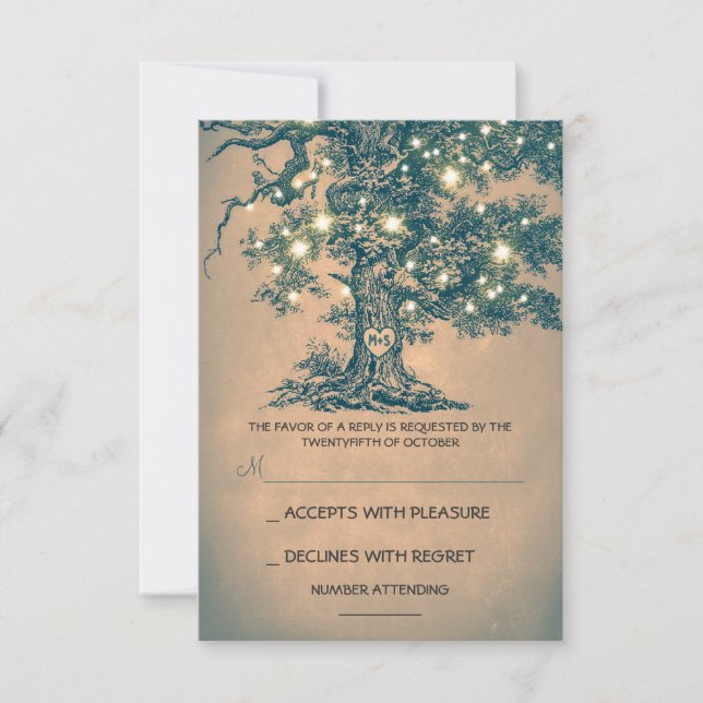 Twinkle Lights Tree Rustic Wedding RSVP card (Front)