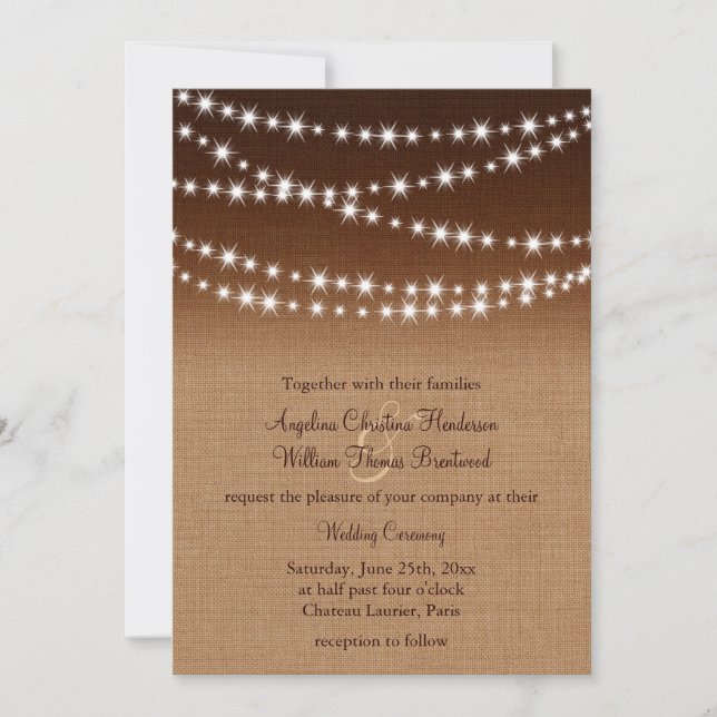 Twinkle Lights Wedding Invitation on Shaded Burlap (Front)