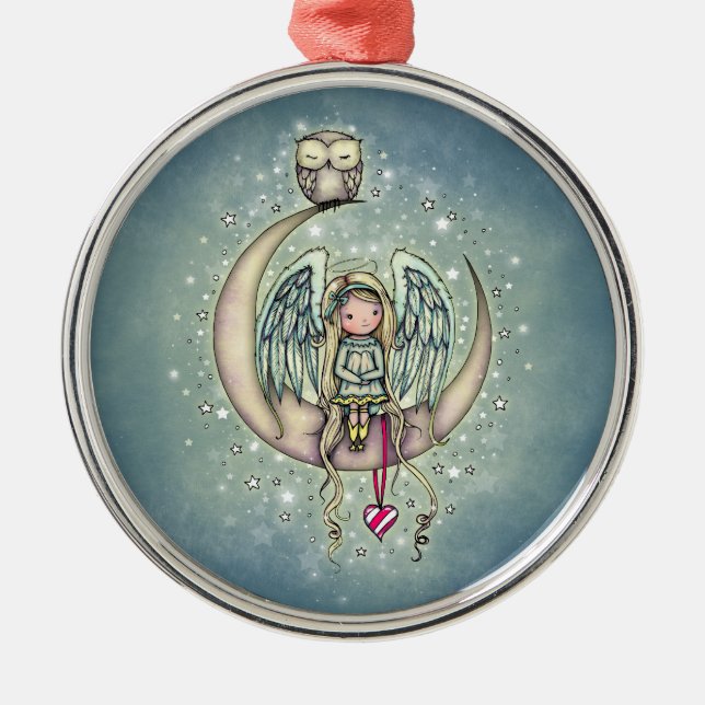 Twinkle Little Angel and Owl Illustrated Art Metal Tree Decoration (Front)