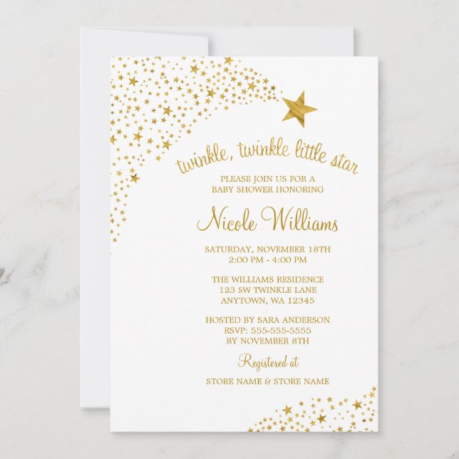 Twinkle Little Shooting Star Faux Gold Baby Shower Invitation (Front)