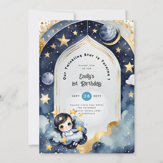 Twinkle Little Star 1st BIRTHDAY, BABY SHOWER Girl Invitation (Front)