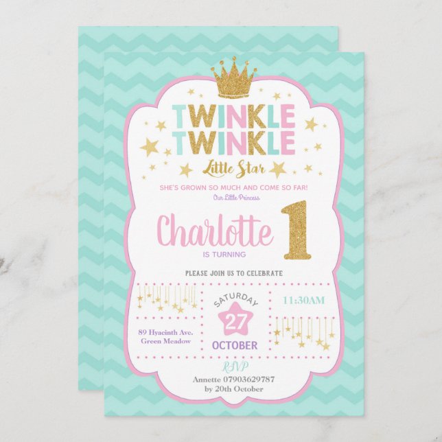Twinkle Little Star 1st Birthday Invitation Girl (Front/Back)