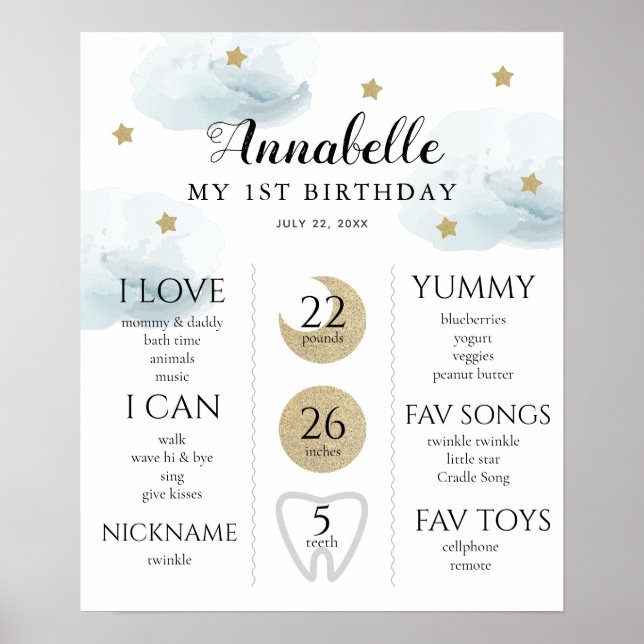 Twinkle Little Star 1st Birthday Milestone Blue Poster (Front)