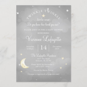 Twinkle Little Star and Moon Grey Baby Shower Invitation