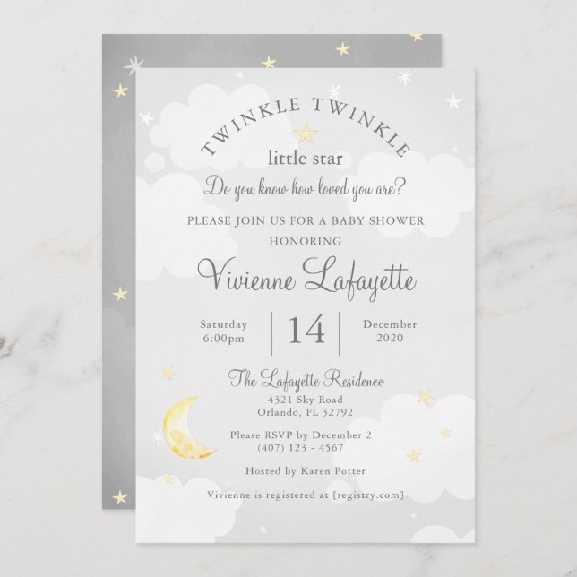 Twinkle Little Star and Moon Grey Baby Shower Invitation (Front/Back)