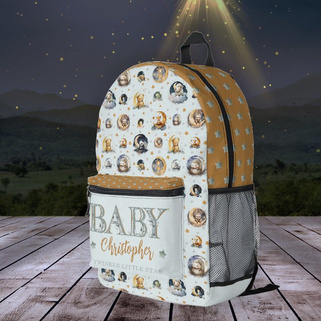Twinkle Little Star Animal Pattern Boy Baby Name Printed Backpack (Twinkle Little Star Animal and Stars Pattern Boy Name "Baby" Diaper Bag | Backpack - Lt Dusky Blue)