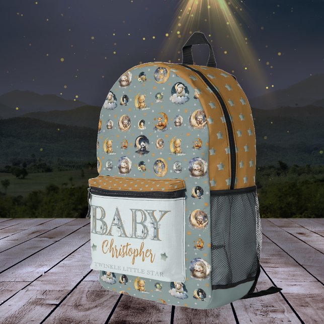 Twinkle Little Star Animal Pattern Boy Baby Name Printed Backpack (Twinkle Little Star Animal and Stars Pattern Boy Name "Baby" Diaper Bag | Backpack - Med. Dusky Blue)