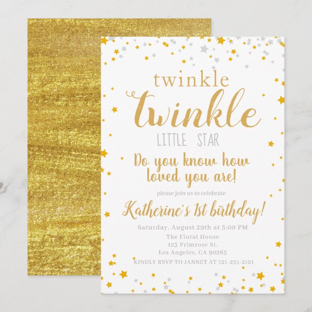 Twinkle Little Star Baby Gold Girls Birthday Invitation (Front/Back)