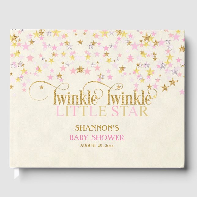 Twinkle Little Star Baby Gold Pink Creme Girl Guest Book (Front)