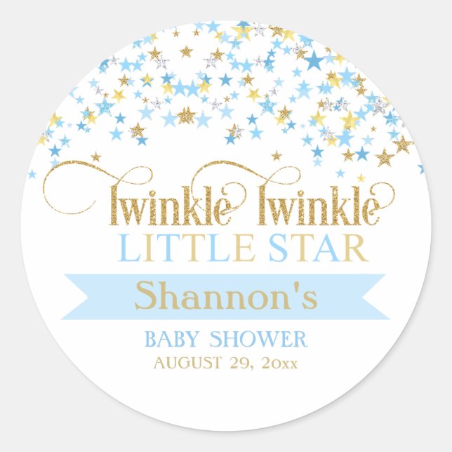Twinkle Little Star Baby Shower Blue & Gold Classic Round Sticker (Front)