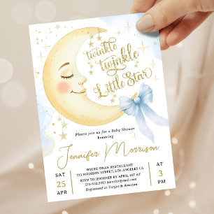Twinkle Little Star Baby Shower Boy Blue Bow Moon Invitation
