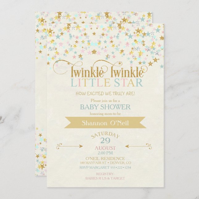 Twinkle Little Star Baby Shower Gold Aqua Invitation (Front/Back)