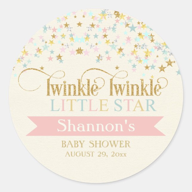 Twinkle Little Star Baby Shower Gold Aqua Pink Classic Round Sticker (Front)