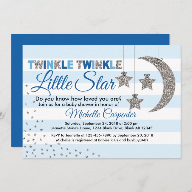 twinkle little star baby shower invitation for boy (Front/Back)
