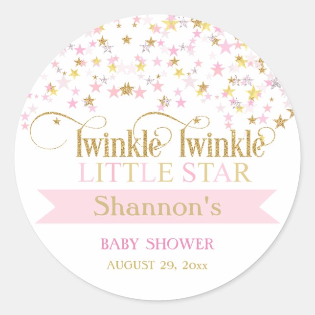 Twinkle Little Star Baby Shower Pink Gold Classic Round Sticker (Front)