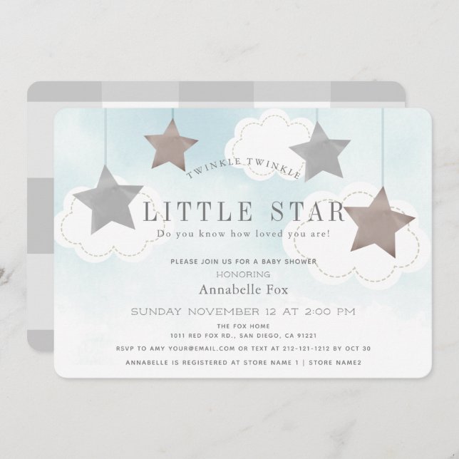 Twinkle Little Star Blue Baby Shower Invitation (Front/Back)