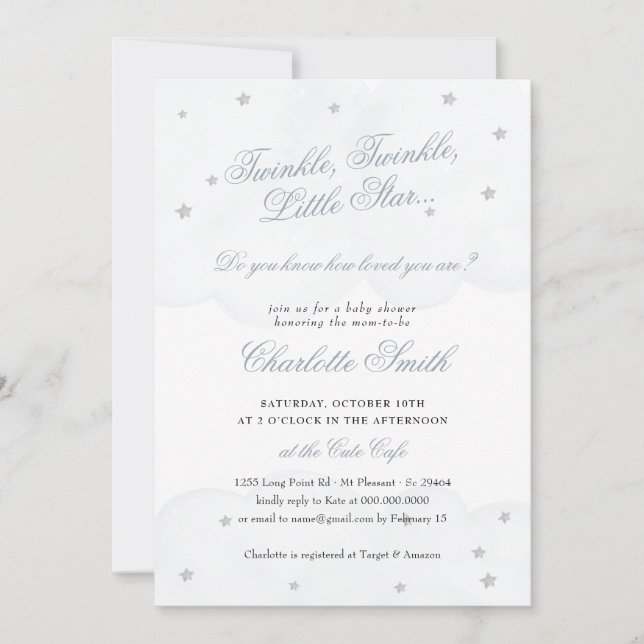 Twinkle Little Star Blue Grey Elegant Baby Shower Invitation (Front)
