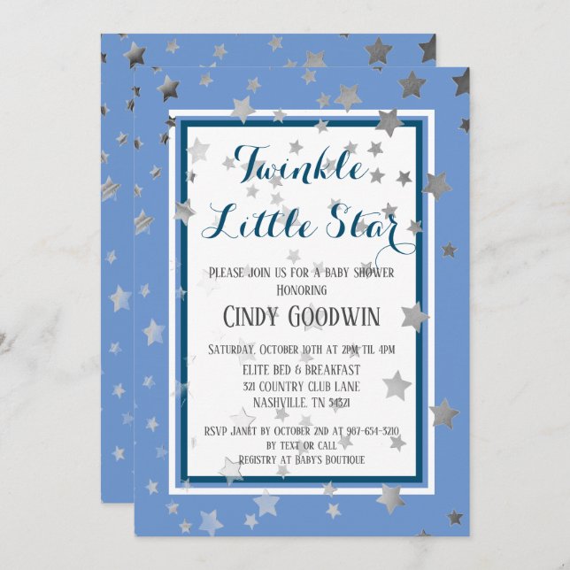 Twinkle Little Star Blue Silver Stars Baby Shower Invitation (Front/Back)