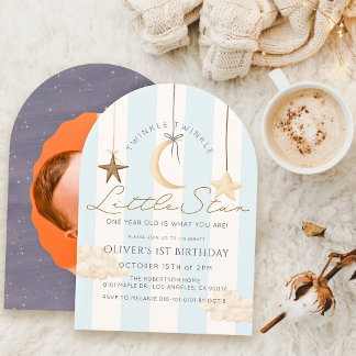 Twinkle Little Star Blue Stripe Photo 1st Birthday Invitation