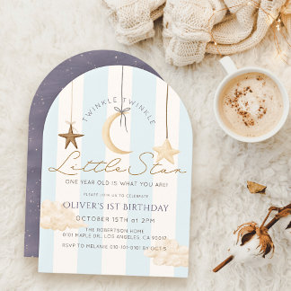 Twinkle Little Star Blue Stripes Boy 1st Birthday Invitation