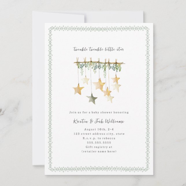 Twinkle Little Star Boho Neutral Green Baby Shower Invitation (Front)
