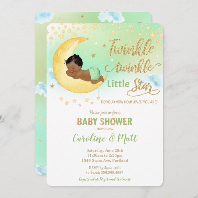 Twinkle Little Star Brown Tan Baby Shower Neutral  Invitation (Front/Back)