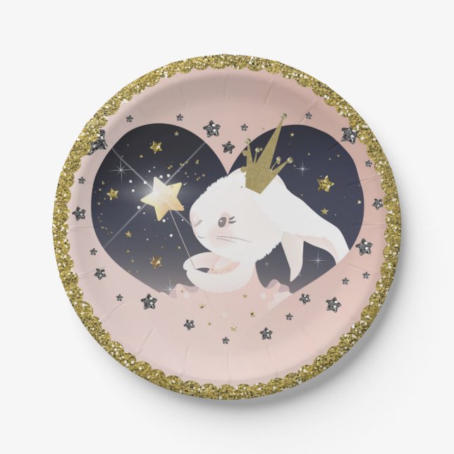 Twinkle Little Star Bunny Rabbit Peach Baby Shower Paper Plate (Front)