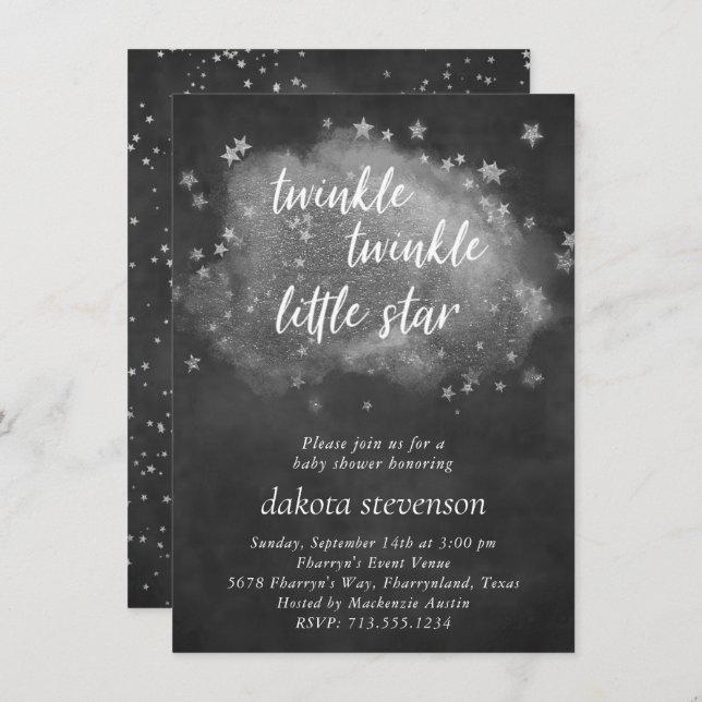 Twinkle Little Star | Charcoal Grey and Silver Invitation (Front/Back)