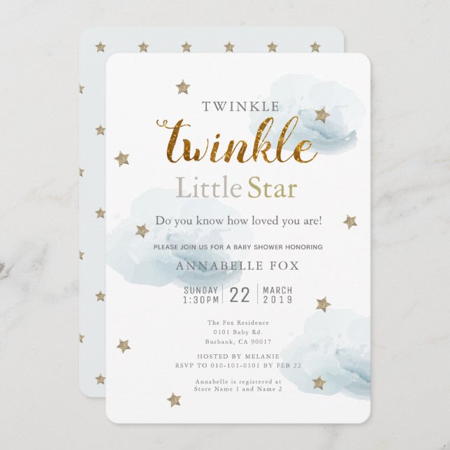 Twinkle Little Star & Cloud Baby Shower Invitation (Front/Back)